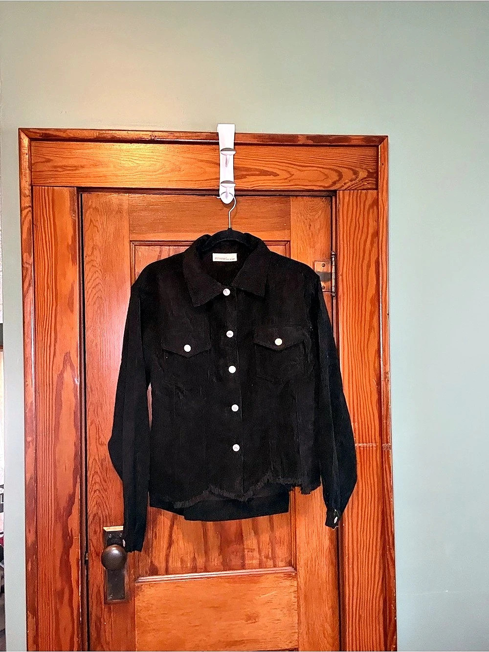 ZENANA Distressed Corduroy Frayed Hem Cropped Jacket Black